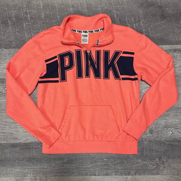 PINK Victorias Secret Quarter Zip Pullover Sweatshirt Women XS Neon Pink Orange - Picture 1 of 6